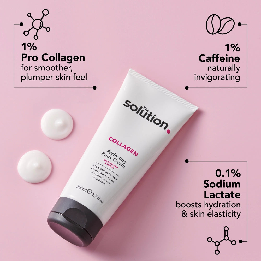 Collagen Body Cream ingredients: 1% Pro Collagen for smoother, plumper skin feel, 1% caffeine which is naturally invigorating, 0.1% Sodium Lactate boosts hydration and skin elasticity.
