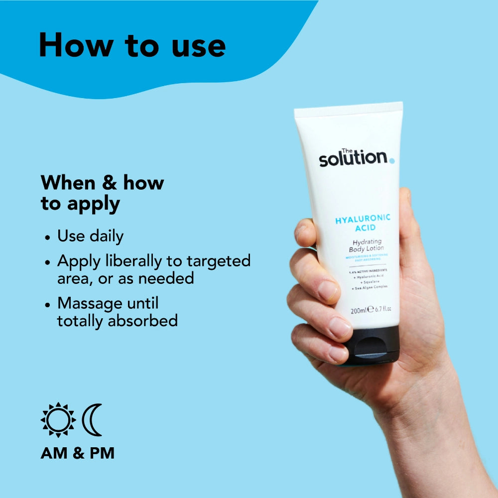 How to use Hyaluronic Acid Hydrating Body Lotion: use daily, apply liberally to targeted area or as needed, massage until totally absorbed.