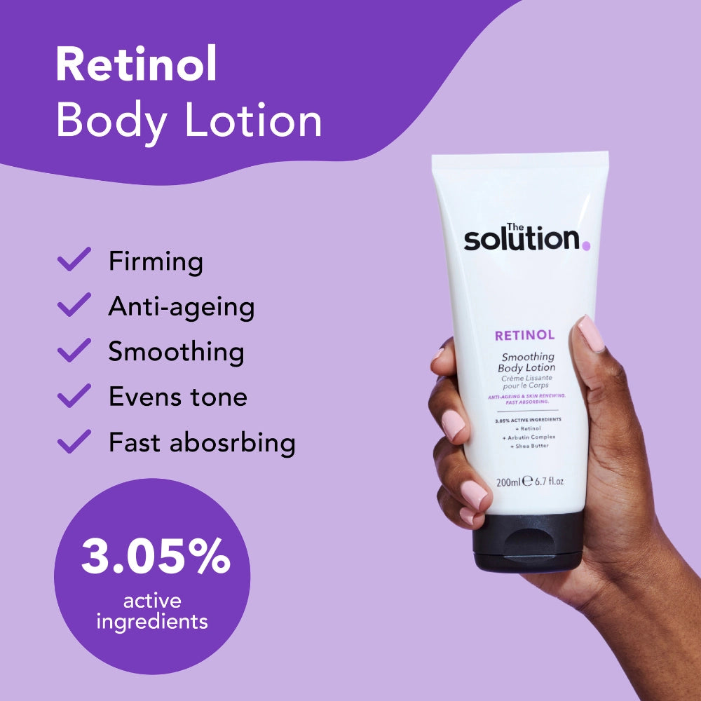 The Solution Retinol Smoothing Body Lotion is: firming, anti-ageing, smoothing, evens tone, fast absorbing with 3.05% active ingredients
