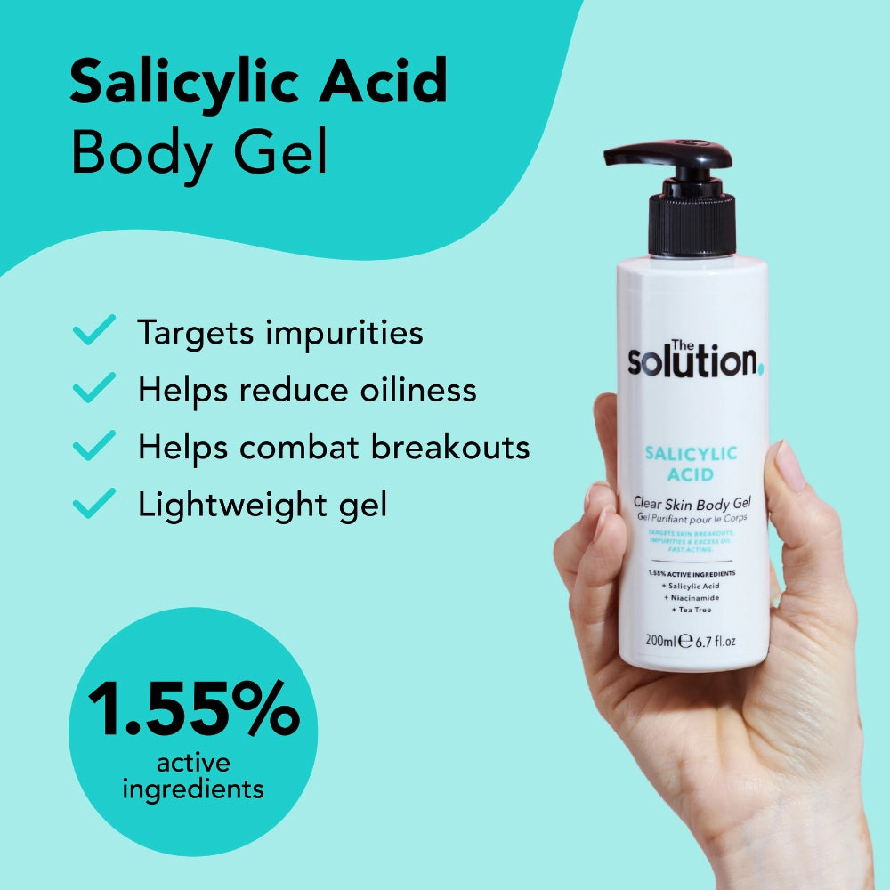 The Solution Salicylic Acid Clear Skin Body Gel targets impurities, helps reduce oiliness, helps combat breakouts, a lightweight gel with 1.55% active ingredients