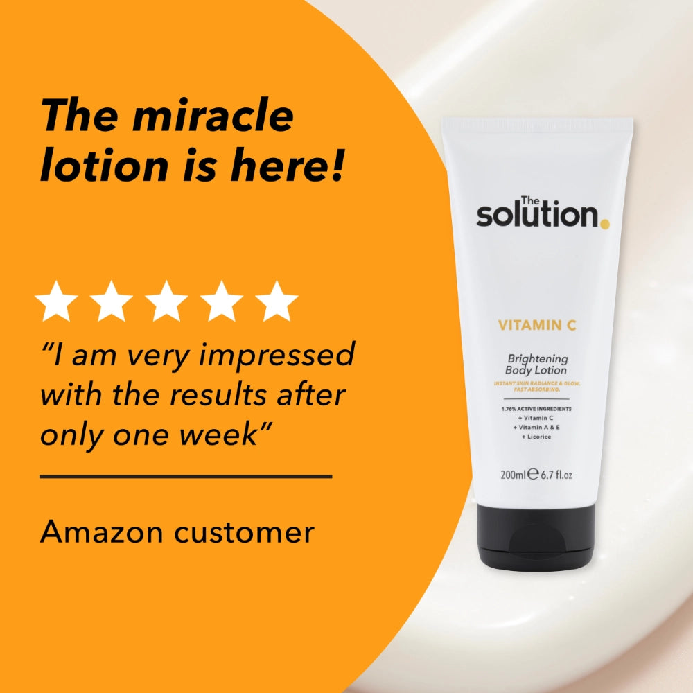 Amazon customer review of The Solution Vitamin C Brightening Body Lotion: The miracle lotion is here! I am very impressed with the results after only one week.
