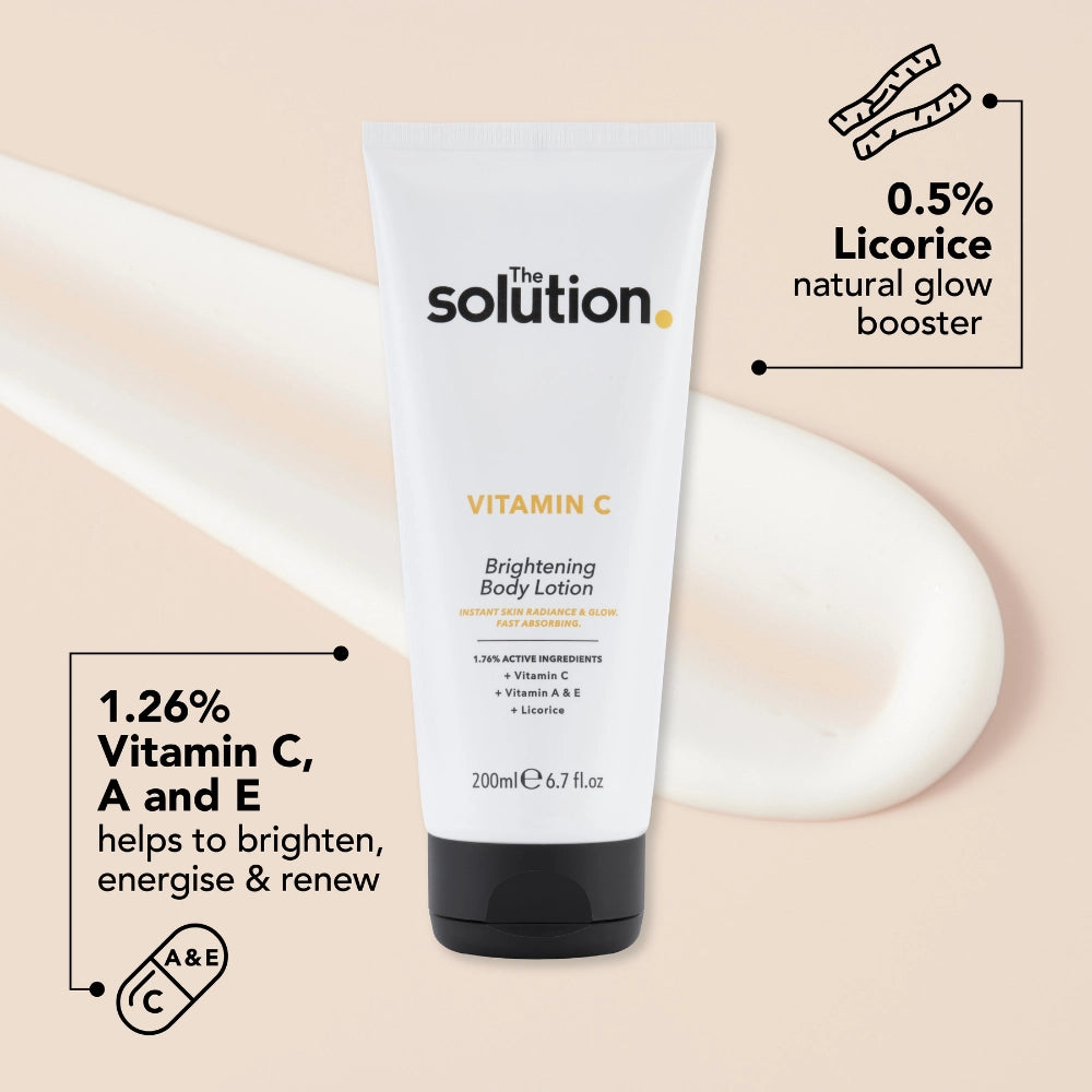 The Solution Vitamin C Brightening Body Lotion Ingredients: 1.26% Vitamin C, A and E helps to brighten, energise and renew, 0.5% Licorice: a natural glow booster