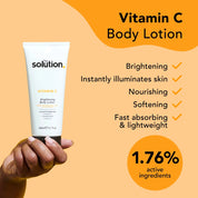 The Solution Vitamin C Brightening Body Lotion brightens, instantly illuminates skin, nourishing, softening, fast absorbing and lightweight with 1.76% active ingredients.