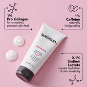 Collagen Body Cream ingredients: 1% Pro Collagen for smoother, plumper skin feel, 1% caffeine which is naturally invigorating, 0.1% Sodium Lactate boosts hydration and skin elasticity. 