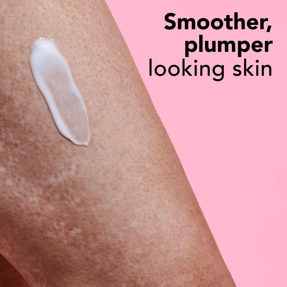 Image of product on leg- smoother plumper looking skin