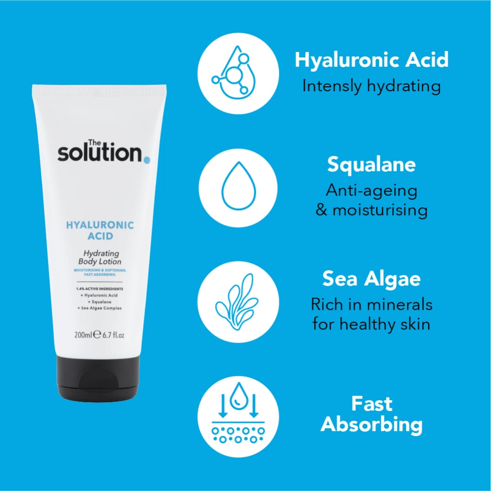 The Solution Hyaluronic Acid Hydrating Body Lotion 200ml ingredients include: Hyaluronic Acid for intense hydration, Squalane: anti ageing and moisturising, Sea Algae rich in minerals for healthy skin, fast absorbing