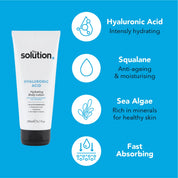 The Solution Hyaluronic Acid Hydrating Body Lotion 200ml ingredients include: Hyaluronic Acid for intense hydration, Squalane: anti ageing and moisturising, Sea Algae rich in minerals for healthy skin, fast absorbing