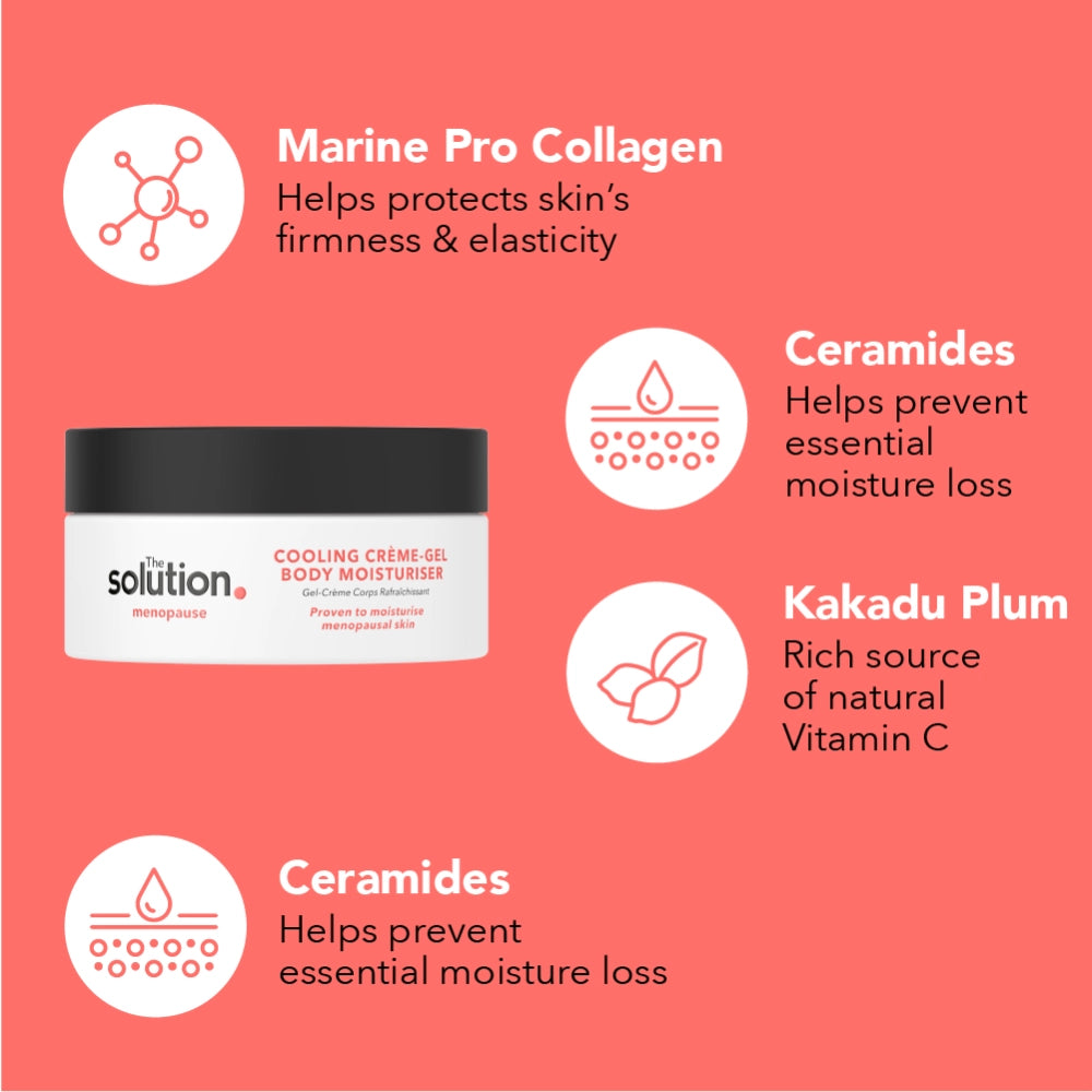 The Solution Menopause Cooling Creme-Gel Body Moisturiser ingredients: Marine pro collagen helps protect skins firmness and elasticity, ceramides helps prevent essential moisture loss, Kakadu plum is a rich source of natural vitamin C