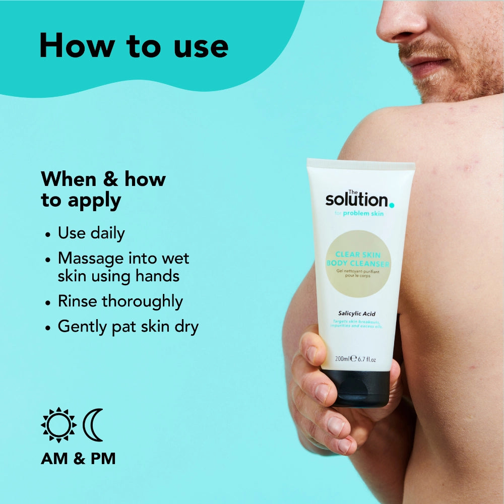 How to use The Solution Salicylic Acid Clear Skin Body Cleanser: use daily, massage into wet skin using hands, rinse thoroughly, gently pat skin dry.