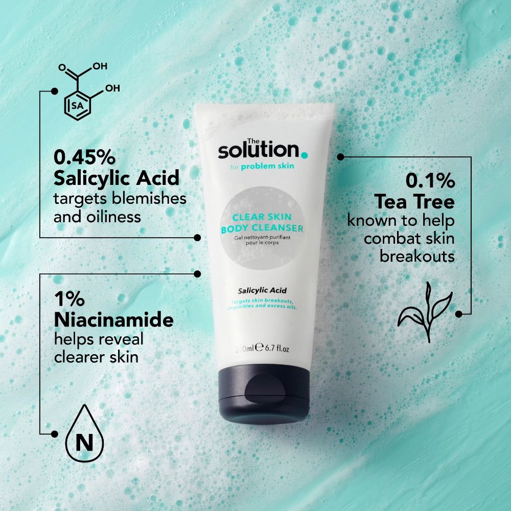 The Solution Salicylic Acid Clear Skin Body Cleanser Ingredients: 0.45% Salicylic Acid targets blemishes and oiliness, 0.1% Tea Tree known to help combat skin breakouts, 1% Niacinamide helps reveal clearer skin 