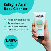 The Solution Salicylic Acid Clear Skin Body Cleanser helps combat breakouts, targets impurities, helps reduce oiliness, refreshing daily wash with 1.55% active ingredients