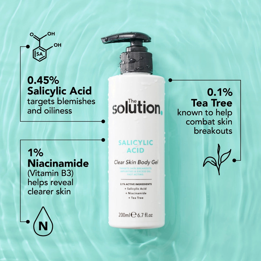The Solution Salicylic Acid Clear Skin Body Gel Ingredients: 0.45% Salicylic Acid targets blemishes and oiliness, 0.1% Tea Tree known to combat skin breakouts, 1% Niacinamide (Vitamin B3) helps reveal clearer skin